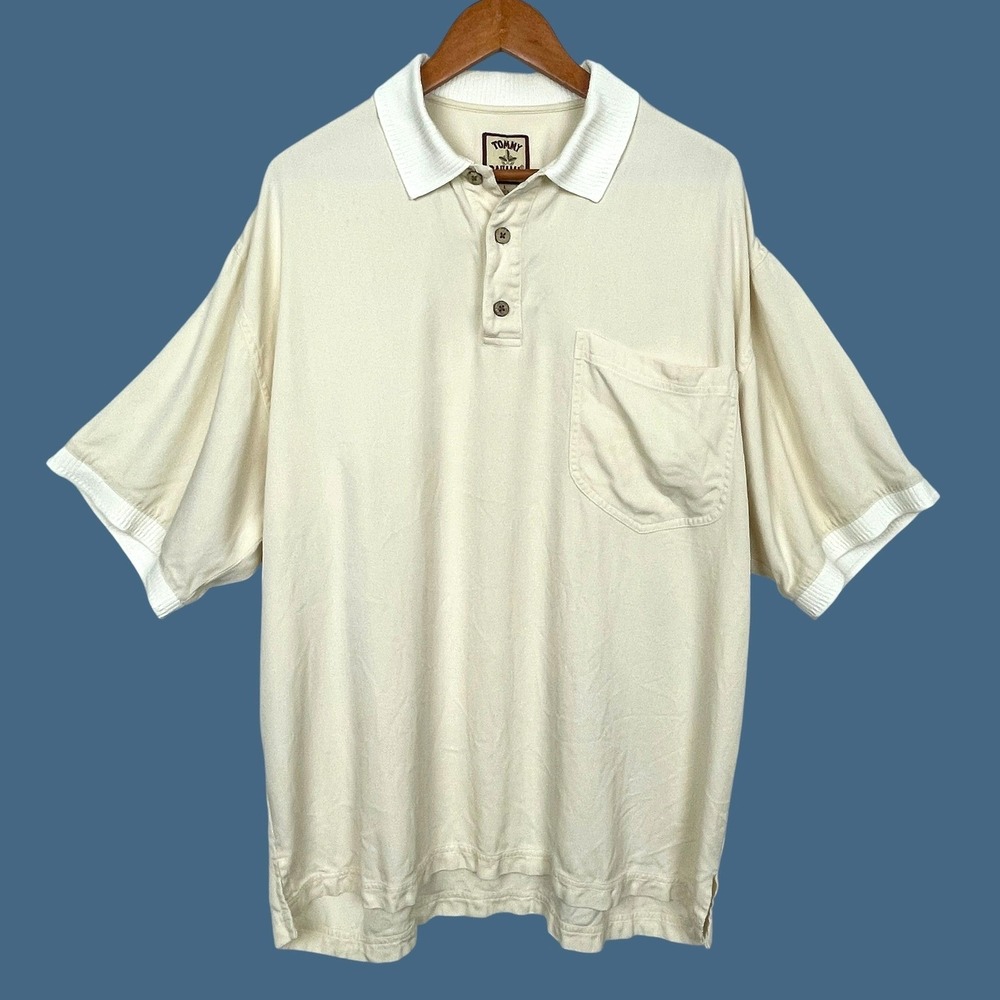 VTG Tommy Bahama Cream Silk Ribbed Trim Polo Shirt Mens L 90s Tropical Beach